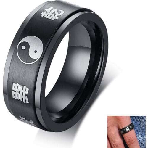 Mens 8MM Spinner Stainless Steel for men Yin Yang Spinning Fidget Anxiety Ring Ba Gua Feng Shui Eight Trigrams Signet Band