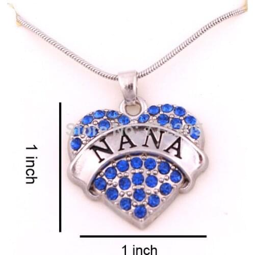 New Arrival 1 inch*1 inch latest style 30pcs rhodium big hearts NANA with blue crystals heart pendant necklace