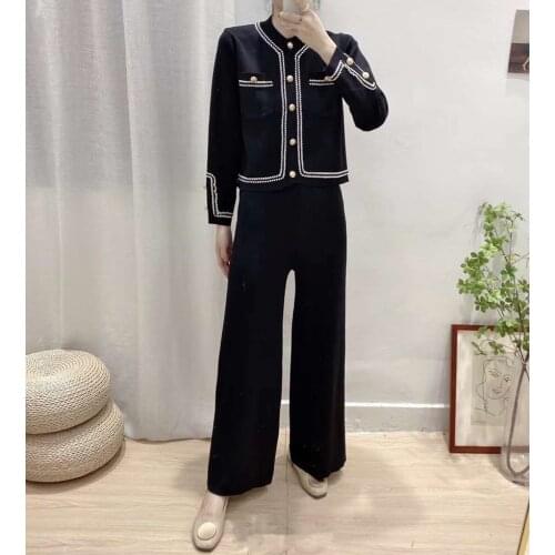 Autumn Knitted O-Neck Sweater Cardigans + Trousers Set Women Korean Two Piece Tracksuit Europe Loose Knitwear Elegant Retro C616