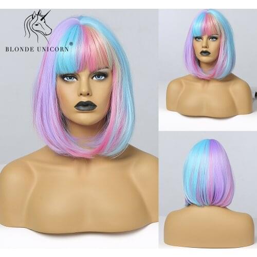 BLONDE UNICORN Straight Synthetic Short Bob Wig Mix Colorful Hair Wig With Bangs Lolita Cosplay Wigs For Women Heat Resistant