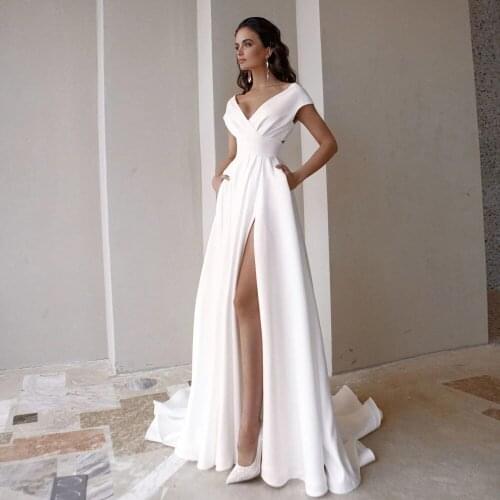 Beach Wedding Dresses A-line V-neck Cap Sleeves Satin Slit Backless Dubai Arabic Wedding Gown Bridal Dress Vestido De Noiva