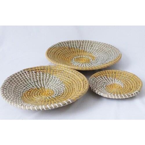 3pcs Boho Woven Wall Basket Decor Handmade Seagrass Hanging Decorative Tray Bowl Fruit Coffee Tea Dessert Plate for Living Room