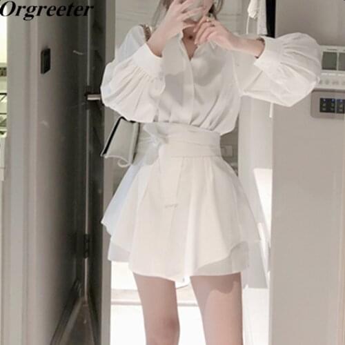 Casual White Shirt and Shorts Two piece set 2019 Summer Fall New Long Lantern Sleeve Blouse Shirt and Elastic waist Shorts Suits