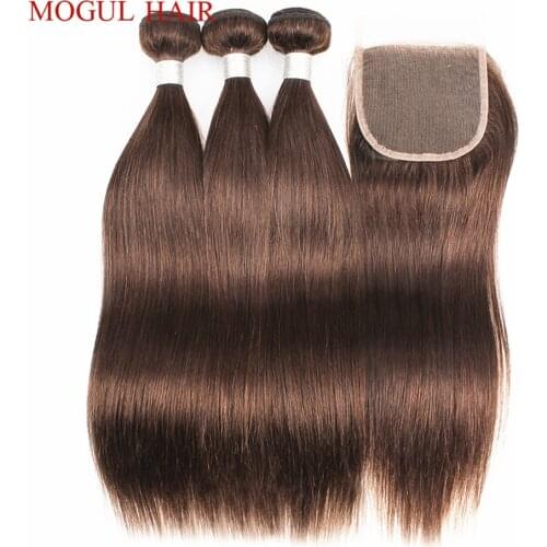 Color 4 Chocolate Brown Straight Hair Bundles with 4*4 Lace Closure Transparent Lace Remy Human Hair 10-24 inch MOGUL HAIR