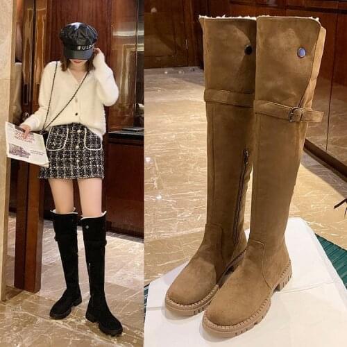 2021 Black Elastic Fabric Over-the-Knee Boots Slip On Thick Plush Low-heeled Shoes Fashion Winter Warm Footwear Women High Boots