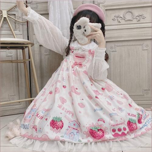 Sweet Lolita Jsk Strawberry Milk Print Dress Cute Dress Sleeveless Princess Tea Party Dresses Summer Clothing For Women Girl