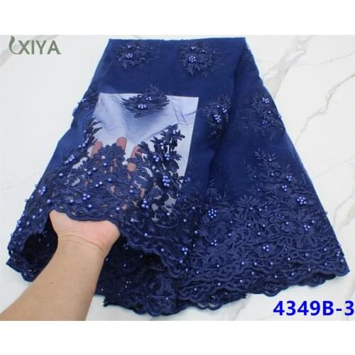 Navy Blue African French Tulle Lace Fabric with Beads High Quality Nigerian Net Mesh Lace Fabrics for Wedding Party APW4349B