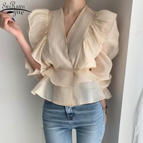 Vintage Ruffled Deep V-neck Silk Shirt 2021 Waist Hugging Slimming Chiffon Blouse Solid Sweet Fashion Womans Shirt Female 10334