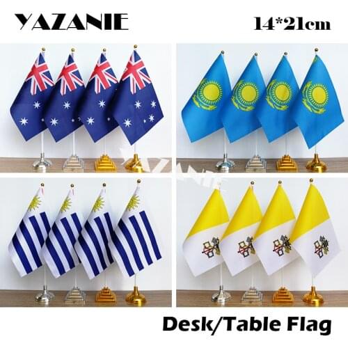 YAZANIE 14*21cm 4PCS Australia Kazakhstan Uruguay Vatican Office Desk Table Flag with Plastic Base Small National Flag display
