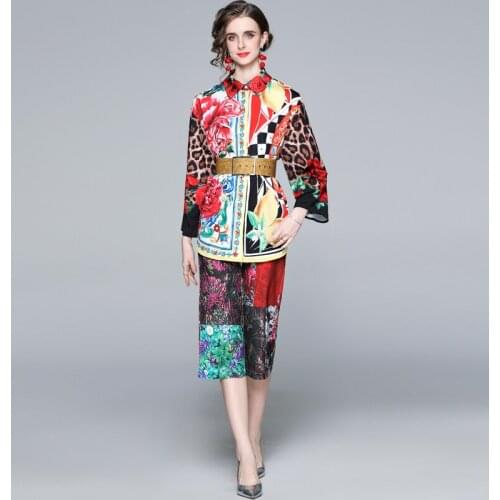 2021 Boho Two Pieces Set Women Flower Print Loose Long Shirt Top + Sashes Straight Cropped Trousers Sashes 2 Pieces Set Pant