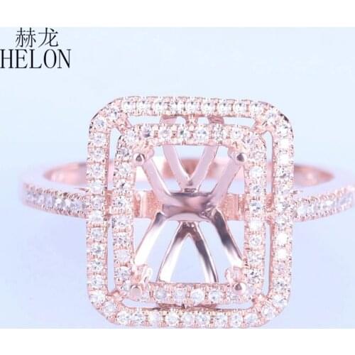HELON Solid 14K Rose Gold Natural Diamonds Women Fine Jewelry Semi Mount Engagement Wedding Ring Setting Fit 8x6mm Emerald Cut
