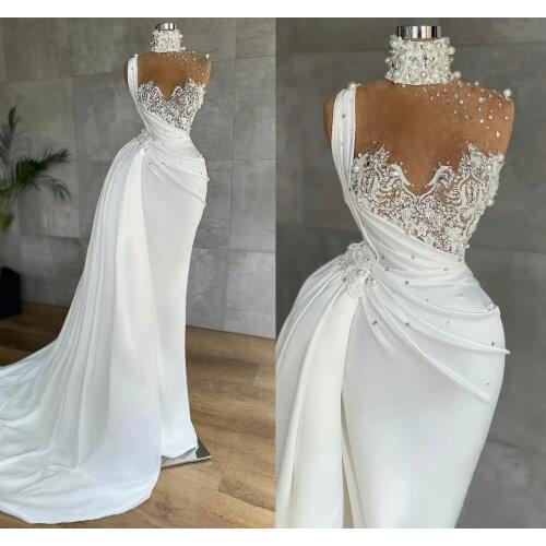 2022 Arabic Aso Ebiy Style Mermaid Prom Dresses White Pearls Lace Plus Size Formal Evening Occasion Gowns Vestidos De Novia