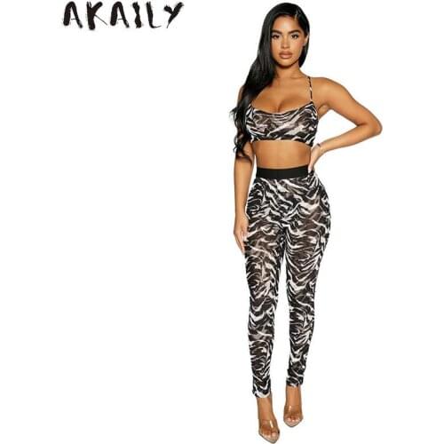 Akaily Print Mesh See Through 2 Two Piece Sets Sexy Club Rave Outfits For Women 2021 Cami Straps Crop Top Long Pants Sets Suits