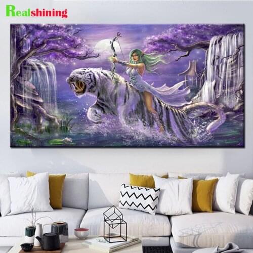 Diamond Painting Jungle Fantasy Tiger Girl Landscape Mosaic Full Square Round Diamond Embroidery Animal Woman Pictures N2169