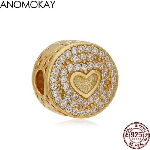 Anomokay Romantic Gold Color Openwork Heart Round Lock Button Charm fit Bracelet & Bangle Full of White Crystal Stopper Beads