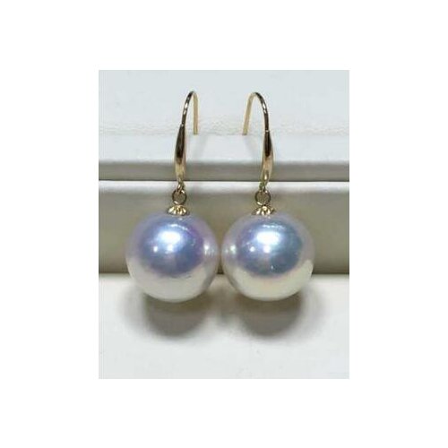 Free shipping a pair of 12-13mm Australian south sea white pearl earring 14 yellow gold