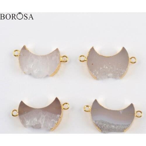 BOROSA Crescent Natural Agates Druzy Connector for Women 18'' Gold Natural Slice Crystal Quartz Pendant Necklace Jewelry G1964