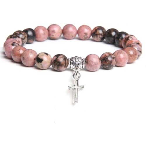 Hot Natural Rhodochrosite Stone Bracelets For Women Men cross charm punk Pink Bracelet And Bangles 8MM Round Stone Bracelet gift