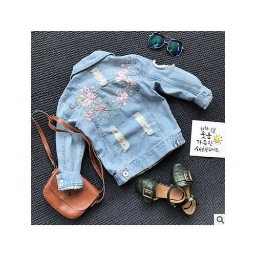 Baby Girl Hole Denim Jacket 2019 New Kids Embroidered Flowers Overcoat Children Jeans Clothes