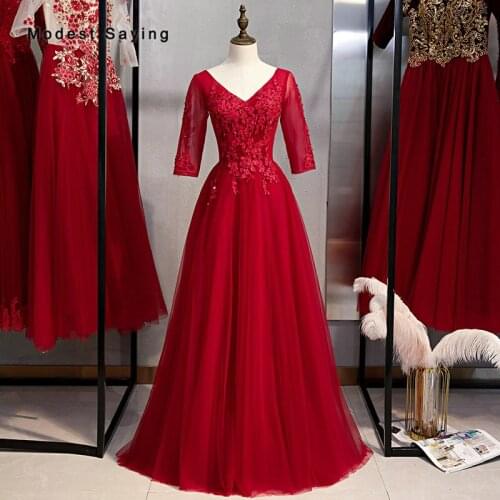 Elegant Burgundy A-line V Neck Beaded Lace Evening Dresses 2020 Formal Half Sleeves Party Prom Gowns abendkleider New Arrival
