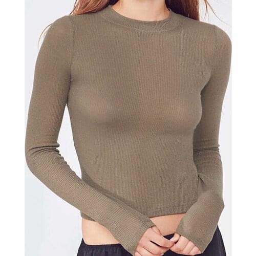 2020Summer Sexy Women O-neck T Shirts Long Sleeve White T-shirt Slim Elastic Casual Cotton Basic Crop Tops Female Black Clothing