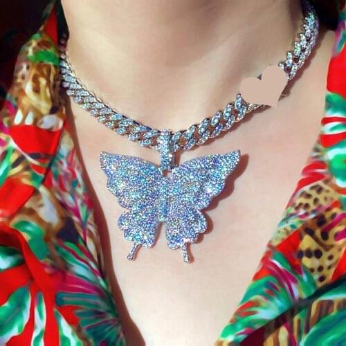 Rose gold Pink Silver Color CZ Butterfly Pendant Necklace 9mm CZ Cuban Chain Micro Pave Cubic Zircon Butterfly Choker Jewelry