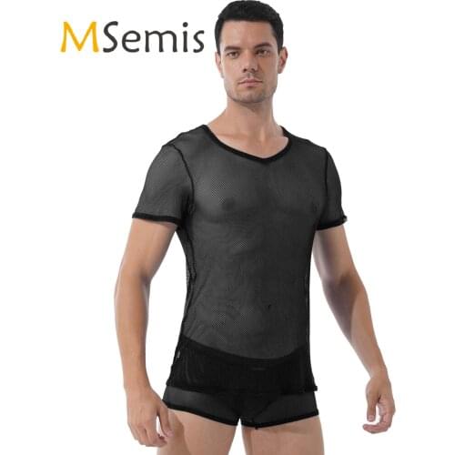 Mens Lingerie See Through Sexy Suit Short Hollow Out Mesh V Neck Outfit Short Sleeve T-shirt with Elastic Waistband Boxer Shorts