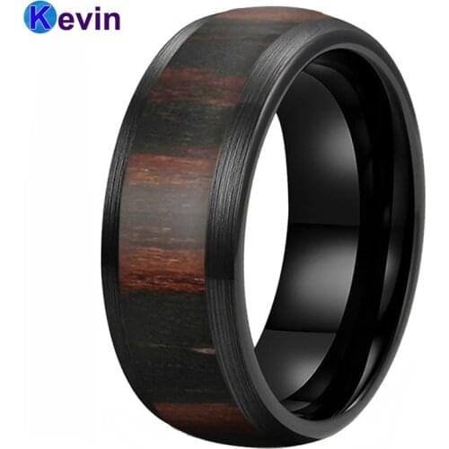Black Tungsten Wedding Band Wood Ring For Men And Women Dome Band Brush Finish With Black Wood Inlay 8MM Comfort Fit