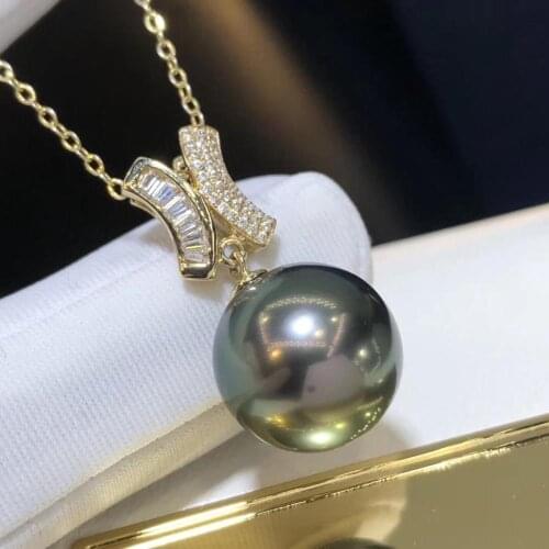 D430 Pearl Pendant Fine Jewelry Solid 18K Gold Round 11-12mm Natural Ocean Sea Water Tahiti Black Pearls Pendants Necklaces