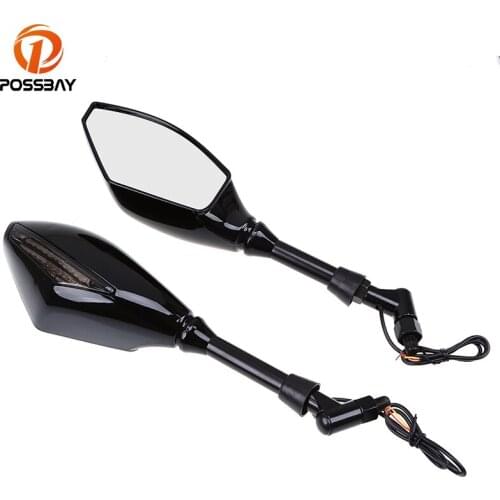 POSSBAY Motorcycle Rear View Mirrors For Ducati Honda Suzuki Kawasaki Yamaha LED Turn Signal Light Handle Bar End Mirrors