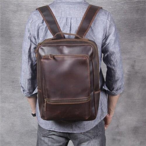 Retro simple mens genuine Leather backpack crazy horse cowhide mens fashion casual travel large capacity laptop bagpack