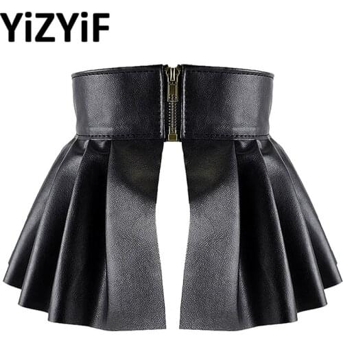 Womens Sexy Skirts Black Faux Leather Pleated Skirts Split A-Line Miniskirt for Parties Waist Belts Punk Gothic Rave Clubwear