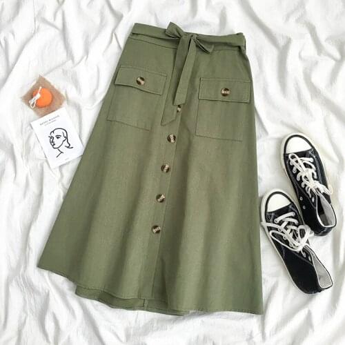 Green Women Elegant High Waist Midi Skirt 2021 New Summer Empire Casual Single-Breasted Bowknot Belt Office Skirt Ladies A-Line
