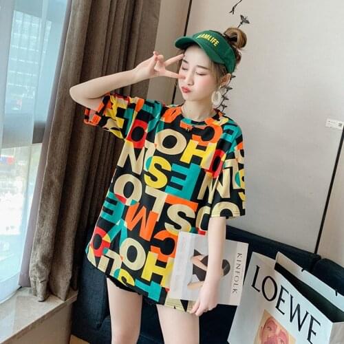 2021 Summer Loose Letter Printing Short-sleeved T-shirt Female Large Size Student Round Neck Shirts Y2k Tops Graphic Tee