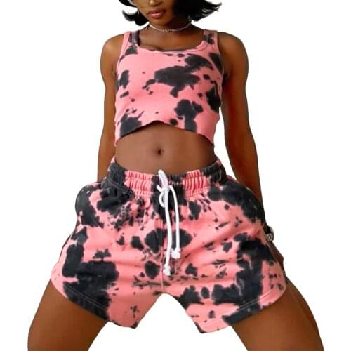 Y2K Women Two-piece Clothes Set Pink Tie-dyed Printed Pattern Crop Tops and Shorts with Pockets