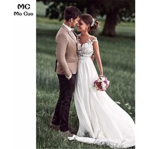 Beach Womens Sheer Lace Wedding Dress Appliques Short Sleeve Chiffon Vestidos de novia Bridal Dress Wedding Gown