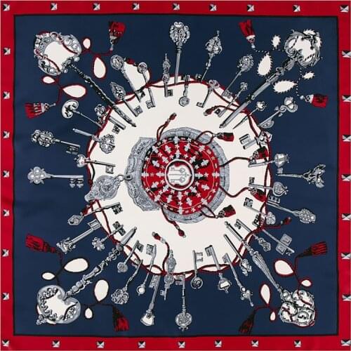 POBING 100% Silk Scarf Luxury Key Tassel Print Neckerchief Muslim Headscarf Square Scarves Lady Foulard Female Bandana 100*100CM