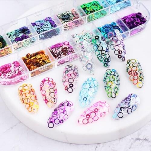 12Grids Holographic Hollow Circle Nail Sequins Sparkle Nail Art Slices Flakes For Manicure Polish Decoration Holo Glitter Set