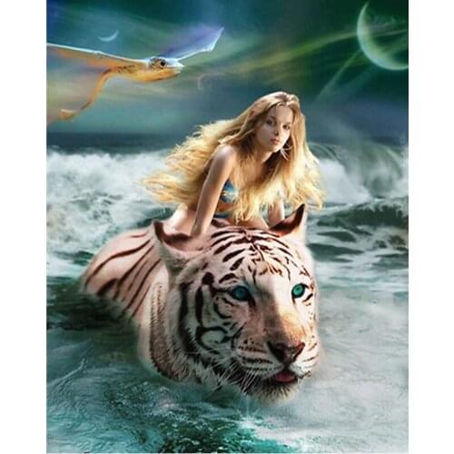 5D DIY Diamond Painting Full Square Drill "Tiger beauty and flying fish" 3D Embroidery Cross Stitch Mosaic Home Y1273