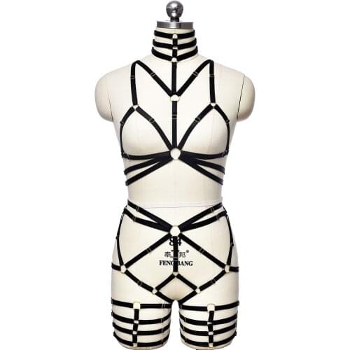 Punk Goth Bondage Harness Garter Body Cage Set Adjustable Sexy Lingerie Women Black Crop Top Bra Fetish Body Harness Belt