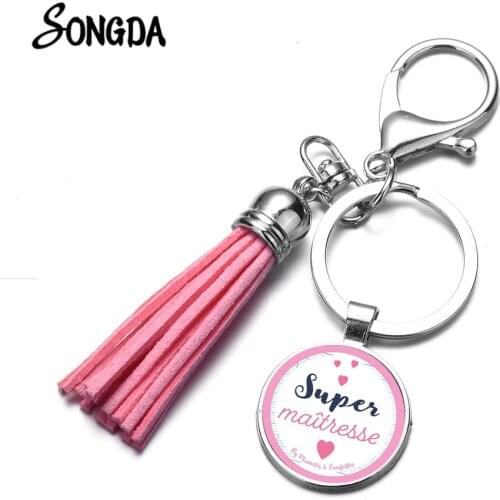 Super Maitresse Tassel Keychain Super Mistress Charm Key Chain Glass Dome Chaveiro for Teachers Gifts Bag Key Ring Men Jewelry