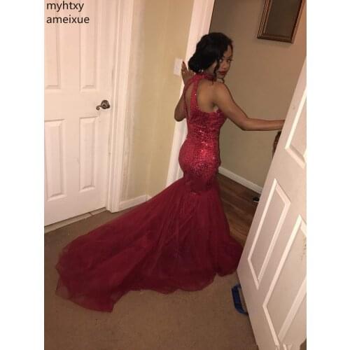 Long Sequins Tulle Mermaid Abendkleider Dress Elegant Evening Dress Gown 2020 Halter Beading Burgundy African Fishtail Latest