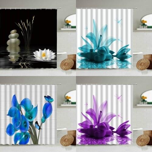 Zen Stone Floral Shower Curtain Butterfly Flower Water Reflection Art Bathroom Wall Decor With Hook Waterproof Screen Washable