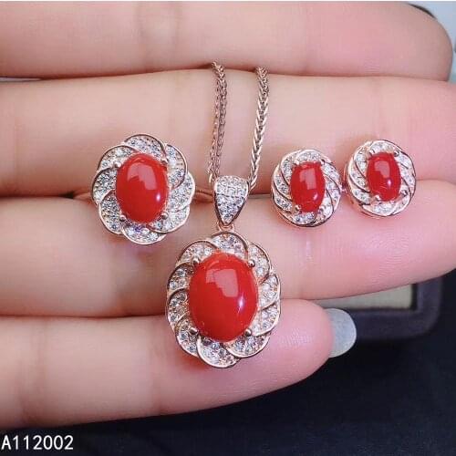 KJJEAXCMY fine jewelry natural red coral 925 sterling silver new women pendant earrings ring set support test luxury lovely