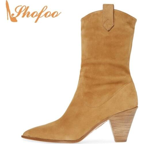 Brown Flock Woman Pointed Toe Ankle Boots Block Cone Heels Booties Slip On Large Size 13 16 Ladies Winter Fashion Shoes Shofoo