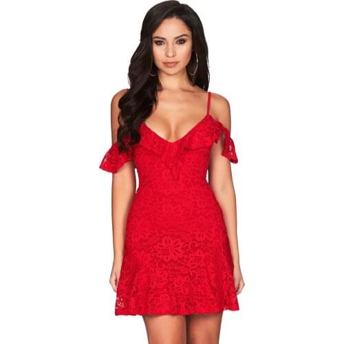 Sheer Ruffle Frill V Neck Spaghetti Strap Lace Cold Shoulder Sleeveless Mini Dress