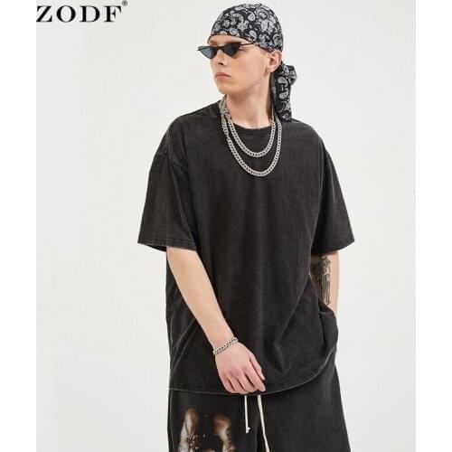 ZODF Fashion New Mens Summer Black Cotton T Shirts Loose Washed Retro Unisex High Street Tees Tops Brand Streetwear HY0244