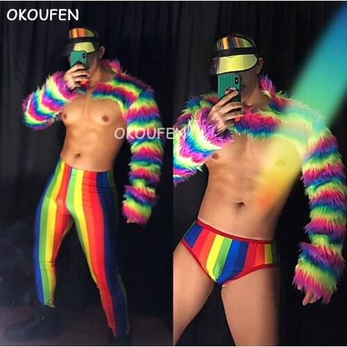 Fashion Rainbow fur tide brand suit costumes Men nightclub bar party costumes ds stage sexy show DJ wear