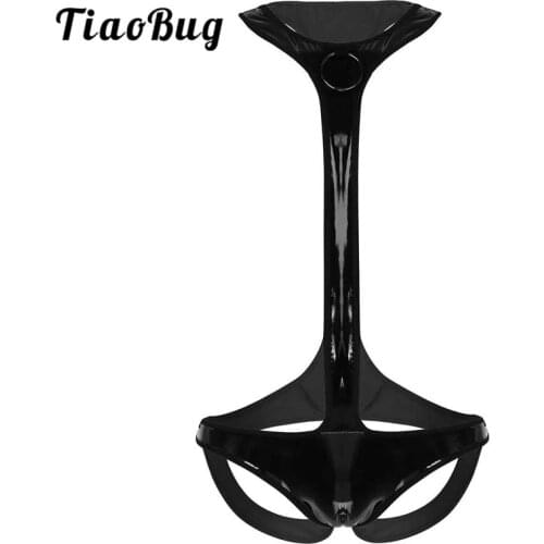 TiaoBug Men Black Wet Look Faux Leather Open Butt Mankini Briefs Jockstrap Hot Sexy Male Gay Bondage Underwear with Metal O-ring