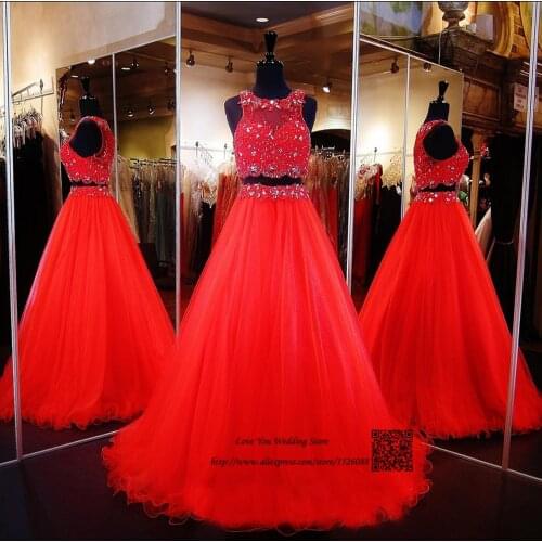Real Red Two Piece Prom Dress 2016 Lace Formal Special Occasion Evening Gowns Bead Long Party Dresses Vestido de Baile Formatura